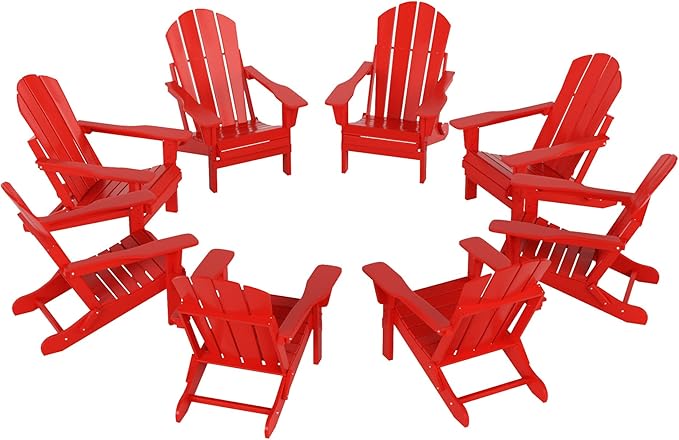 Westin Outdoors Laguna WO Outdoor Adirondack Folding Patio Chairs 8 PCS Set Retro Beach Aesthetic for Backyard, Lawn, Patio, Deck, Garden, Weather Resistant Polyethylene Plastic Lounger (Red)