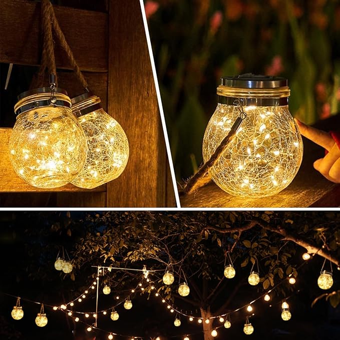 Solar Lantern Crackle Glass Ball, 2 Pack Garden Hanging Solar Lights Outdoor Waterproof Lanterns with 30 Warm White LED for Outdoor Decor Patio Yard Lawn Pathway