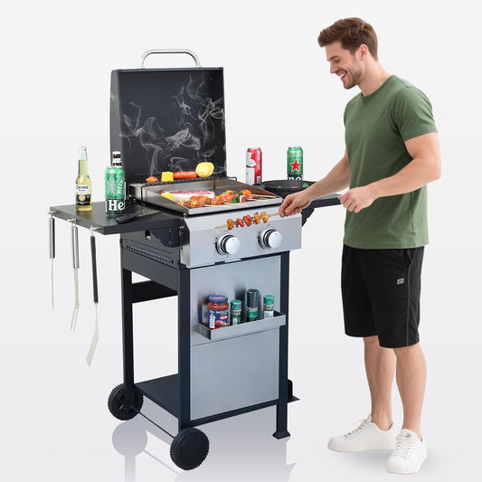 2-Burner Propane Gas BBQ Grill with Porcelain-Enameled Cast Iron Grates, Baking Sheet, 2 Foldable Side Tables, 24,600 BTU Stainless Steel Grill for Outdoor Camping Barbecue Grilling Backyard Cooking