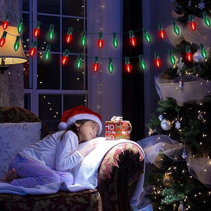 C7 LED Christmas Lights Multicolor 25Ft Outdoor Christmas Decoration Lights with 27 Red Green LED Bulbs, Vintage Christmas Lights for Christmas Tree Carnival Patio Wedding Holiday Pathway Lighting