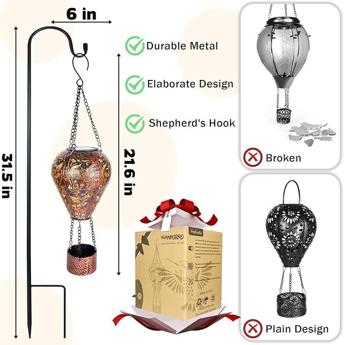 2-Pack Hummingbird Decor Hot Air Balloon Solar Lantern – Outside Decorative Hanging Light for Garden Yard Patio Porch Lawn and Pathway – Unique Housewarming, Birthday Gift for Women Mom Grandma