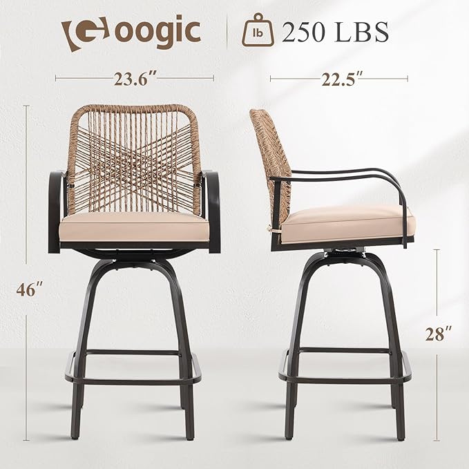 Outdoor Bar Stools Set of 4, Patio Swivel Counter Height Rattan Bar Stools, Patio Wicker Bar Swivel Chairs with Cushion, Outdoor Pool Bar Chairs for Backyard Garden Balcony w /360 Rotation