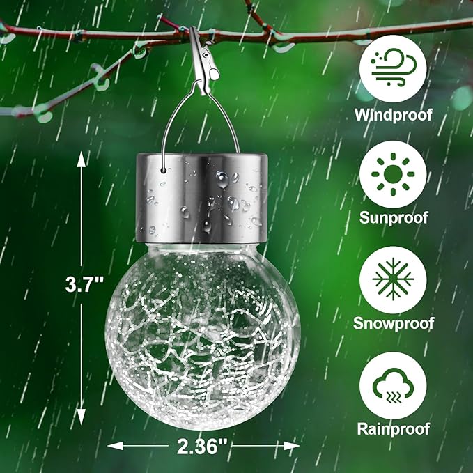 32 Pack Hanging Solar Lights Outdoor Decorative, Waterproof Solar Globe Lantern with Handle and Clip, Solar Powered Cracked Glass Ball Lights for Garden Yard Patio, Fence Tree Umbrella, Holiday Décor