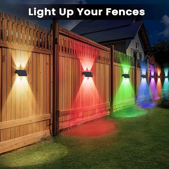 Fence Lights Solar Powered, 6-Pack Solar Fence Lights Up/Down Flexible Buttons, IP67 Waterproof for Outdoor, 120LM Bright, Auto Dusk to Dawn for Wall/Stairs/Yard/Railing/Deck/Pathway (White & RGB)