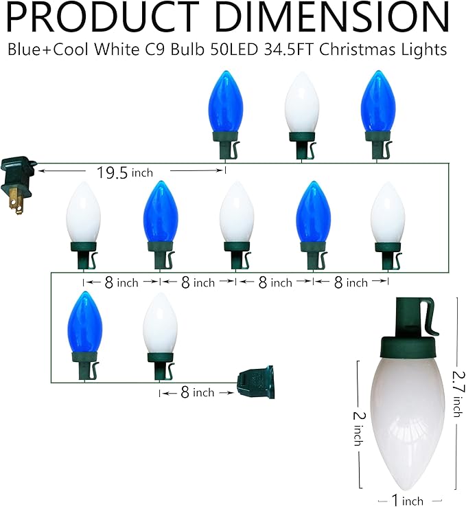 C9 Christmas Lights Outdoor 50 LED Blue + Cool White Strawberry 34.5ft Waterproof Xmas String Light for Garden Yard Home Party Holiday Christmas Tree Indoor Decoration(Blue + Cool White)