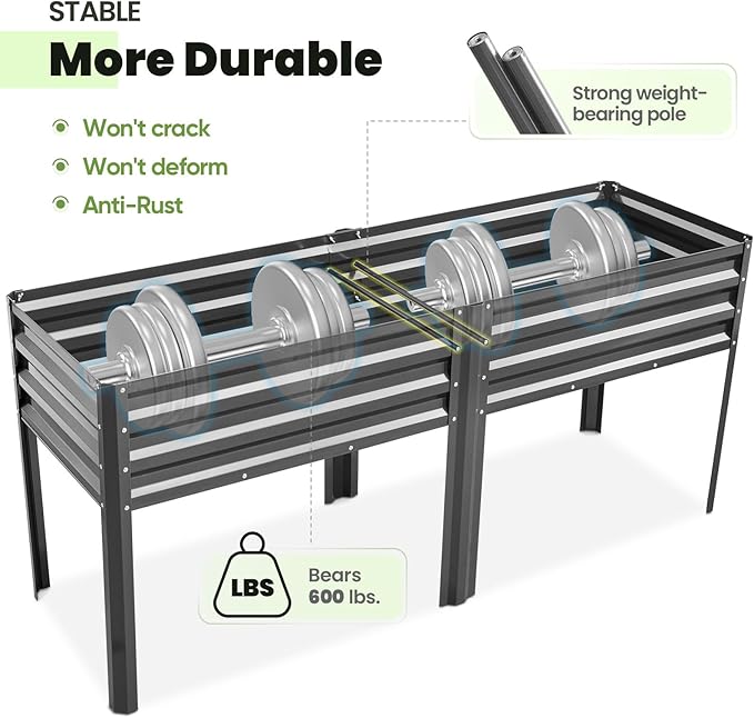 KING BIRD Raised Garden Bed with Legs Galvanized Large Elevated Planter Box for Backyard, Patio, Balcony, 600lb Capacity, Dark Grey 70.9x22.8x31.5 in