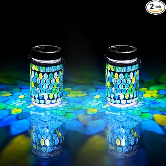 Cooo 2 Pack Mosaic Solar Lanterns Outdoor Waterproof Jar Lights Solar Powered, Hand Paste 141 Crystal Mosaics Table Hanging Garden Backyard Decor Lamps （Just Little More, Get Double The Delight ）