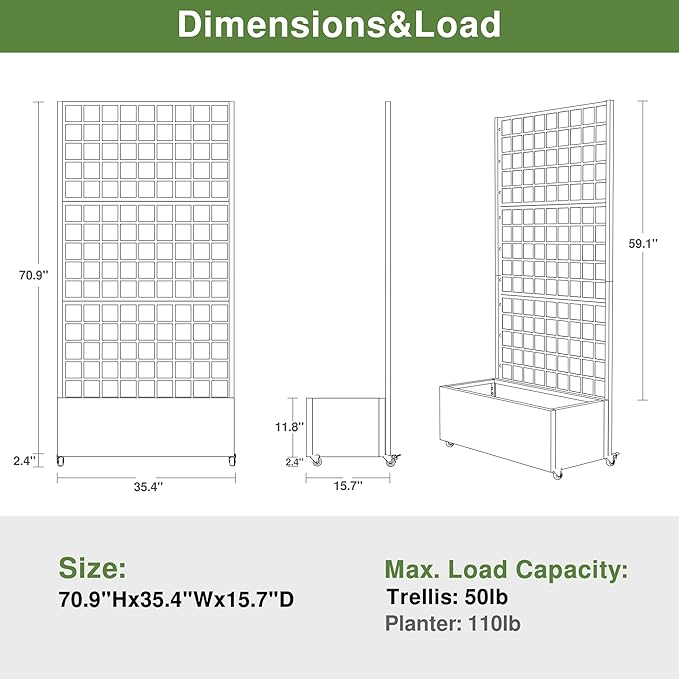 Casaphoria Metal Raised Garden Bed with Trellis and Wheels, 72"x35"x16" Planter Box for Climbing Plants, Vegetables & Vines, Features Drainage Holes and Privacy Screen (White-Square)