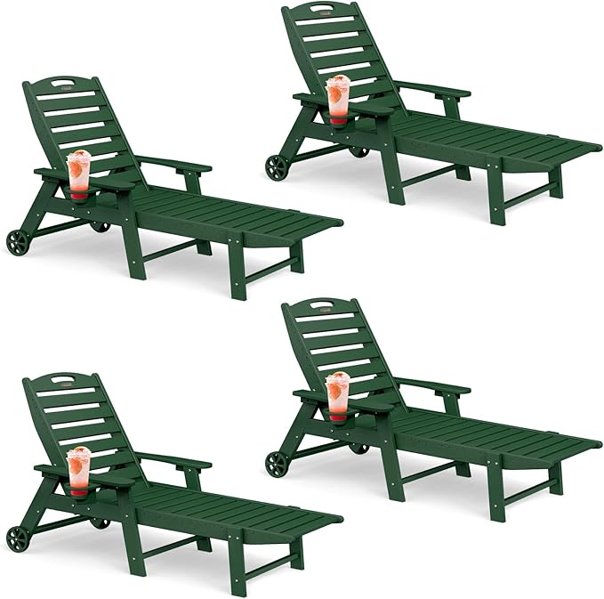 Lounge Chair Outdoor Set of 4 with Wheels, Adjustable 6-Position Chaise Lounge Outdoor, Patio Lounge Chair for Poolside Backyard, Green