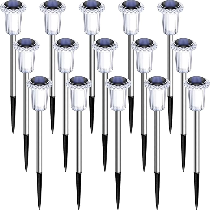 DenicMic Solar Lights Outdoor Pathway Lights 6000K LED Waterproof Acrylic Lamp Head Stainless Steel Stake for Yard Garden Landscape Path Walkway Driveway Patio Lawn (15Pack Cold White)