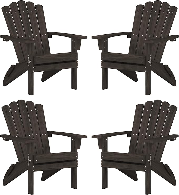 Set of 4 Folding Adirondack Chairs, Heavy Duty Weather-Resistant Patio Chairs with Wide Armrests & Ergonomic High Back, HDPE Fire Pit Seating for Backyard, Garden, Porch - Dark Brown