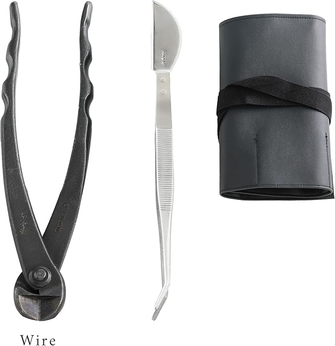 Wazakura Made in Japan 5PCS Bonsai Tool Kit with Roll Bag: Yasugi Steel Satsuki Bonsai Scissors, Concave Branch Cutter, Knob Cutter, Wire Cutter, Tweezers - 5 Tools Satsuki Set with Case