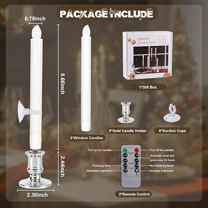 8 Pack Christmas Window Candles, Battery Operated with Timer Remote, LED with Candle Holders Suction Cups, Flickering for Christmas Decorations, Silver