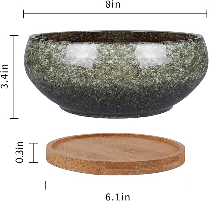 8 Inch Ceramic Bonsai Planter Pot, Glazed Shallow Succulent Planter with Drainage Hole and Bamboo Saucer for Indoor Plants, Green