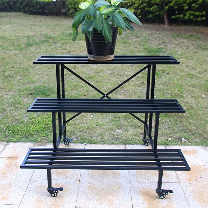 Zhongma Moving Garden Cart 3 Tier Sturdy Metal Plant Stand Heavy Duty Plant holder Garden Plant Shelf with Wheels
