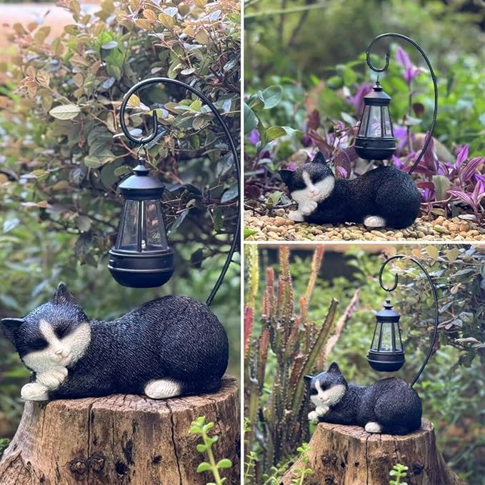 Garden Statue Solar Cat Figurine with Solar Lantern, 13" Tall Cat Statue Resin Kitten Yard Art, Cat Statues Outdoor Statue Decoration for Whimsical Lawn, Porch, Balcony, Housewarming Gifts for Mom