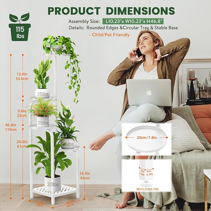 TOSKING 5 Tier Tall Plant Stand Indoor Outdoor, Heavy Duty Corner Shelf for Plants & Decor, Space Saving 3.9FT Metal Flower Pot Stand for Balcony, Garden, Living Room, Patio (White, 47in)