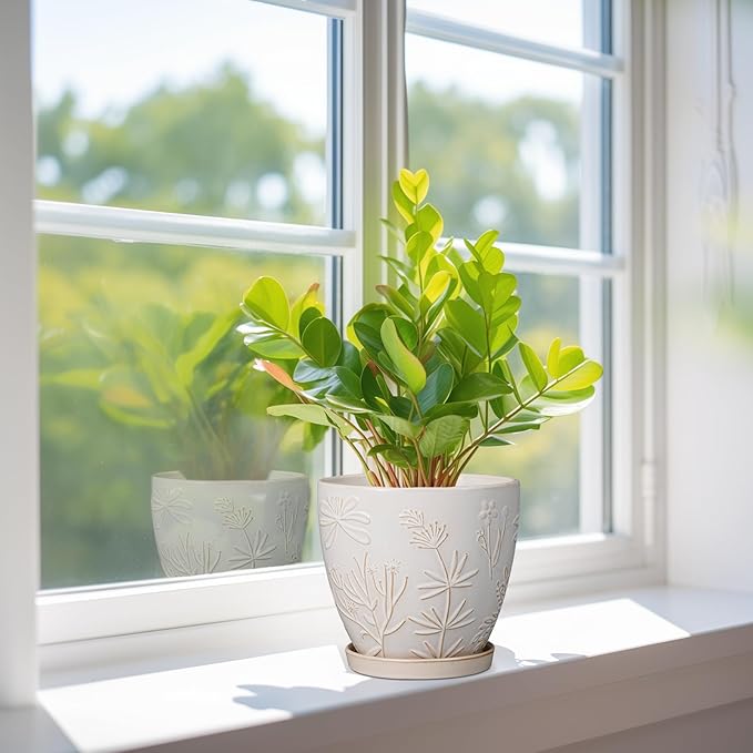 6 Inch Ceramic Plant Pot for Indoor Plants Outdoor Round Planter Flower Pot with Drainage Hole and Saucer for Home Garden Office Decor White