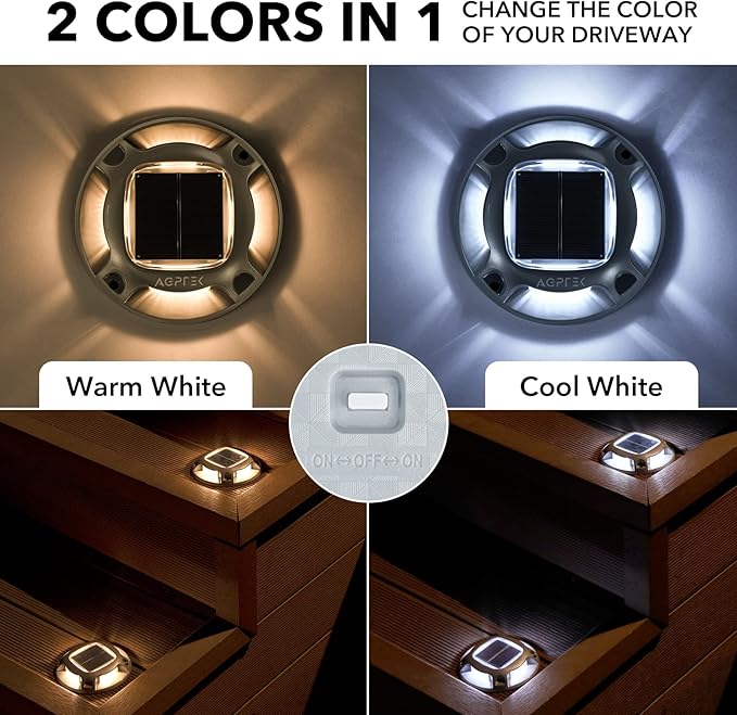 AGPTEK Solar Driveway Lights Outdoor 1 Pack, 2 Color Modes LED Deck Dock Marine Waterproof Driveway Marker Lights for Step Sidewalk Stair Garden Pathway Walkway Yard (Warm White/Cool White)