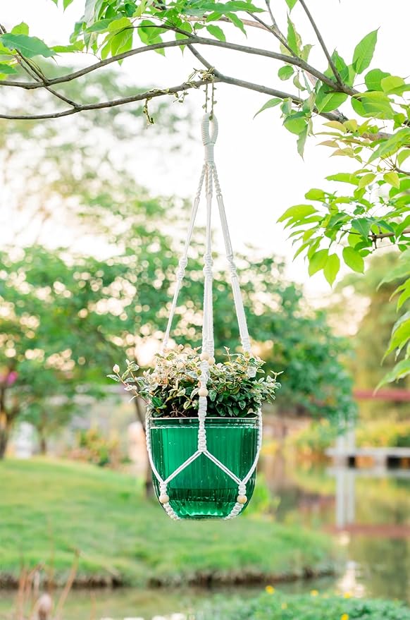 Melphoe Self Watering Hanging Planters for Indoor Plants, 1 Pack 8.3 Inch Outdoor Hanging Plant Pot Basket, 2 Kinds of Hangers Macrame 35.5’’ & Metal Chain 19.6’’ for Garden Home Decor