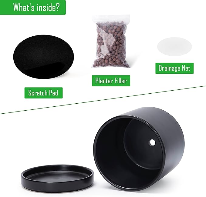 D'vine Dev Set of 2 Plants Pots, 8 Inch Ceramic Planter Pot for Plants with Drainage Hole and Saucer, Black, 94-V-D-2
