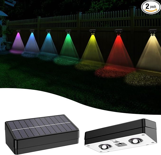 Fence Lights Solar Powered 2 Pack, RGB Fence Solar Lights Outdoor Waterproof Led, 12 Modes Color Changing Outside Lightings Decor for Wall Railing Patio Deck Backyard Garden Pool