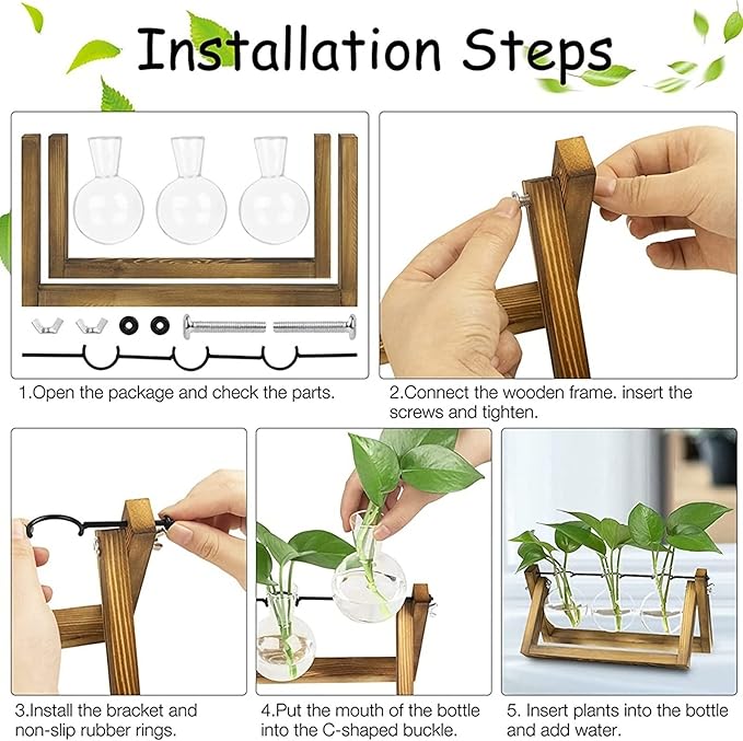 Kingbuy Desktop Glass Planter Iron and Wooden Stand Plant Terrariums for Indoor Office Desk Decor Accessories, 3 Bulb Vases, Brown