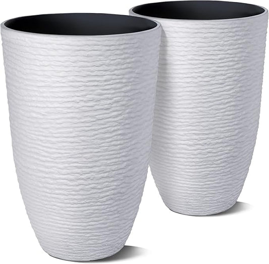 Worth Garden 2-Pack 21" H. White Tall Planters - 14'' Dia Resin Large Round Flower Pots for Outdoor Plants Trees - Imitation Stone Finish Plastic Indoor Front Porch 9 Gallon Decorative Container Patio