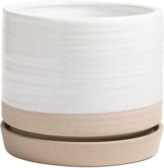 8 Inch Pots for Plants, Ceramic Planter Pot with Drainage Hole & Saucer, Indoor or Outdoor Cylinder Round Planter Pot, Matte White & Beige