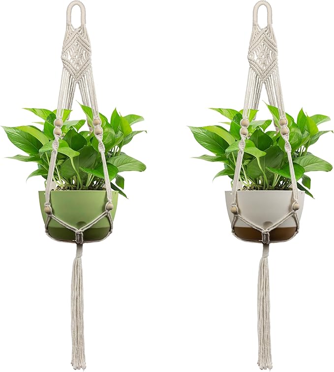 USLAI Macrame Plant Hanger Indoor Outdoor, Up to 4-15 inch Pot, Heavy 20lb Planters, Extra Long Strong Hanging Planter Basket, Boho Home Decor, 41 Inch, Ivory, Set of 2 (POTS NOT Included)