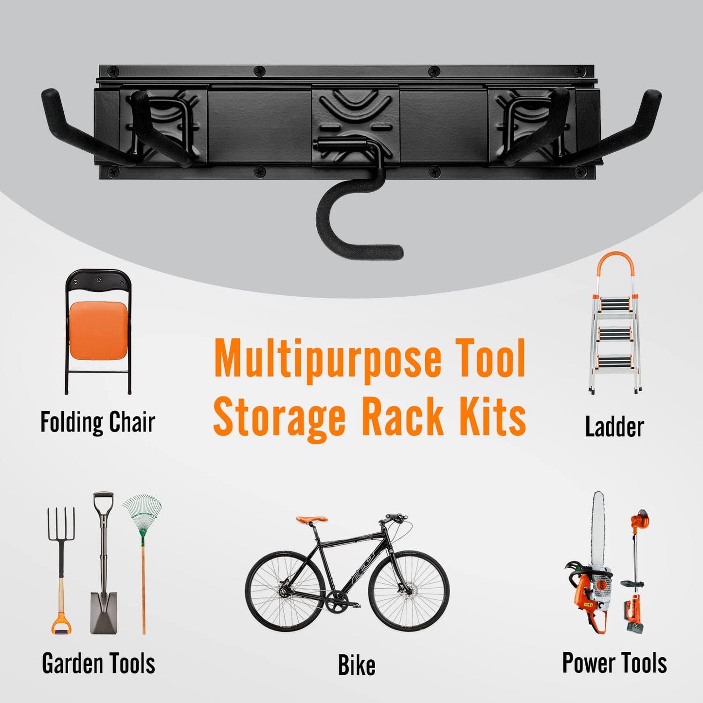 Garden Tool Storage Rack, Outdoor Power Tools Hangers for Garage Wall Organization with 6 assorted Multi-Purpose Hooks, Organizer Holders for Landscaping Equipment, Folding Chairs, Ladders etc.