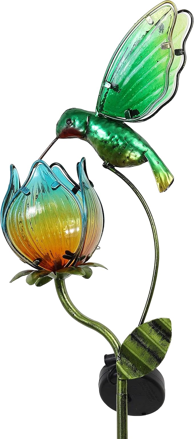 TERESA'S COLLECTIONS Glass Flower Bird Pathway Solar Outdoor Light for Garden Decor, 41'' Tulip and Hummingbird Metal Decorative Stakes Yard Art for Lawn Patio Porch Decorations, Gifts for Mom