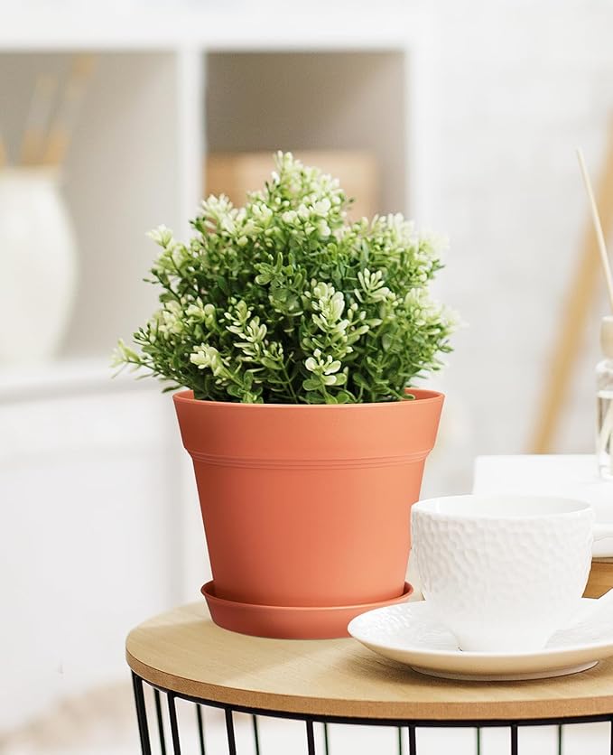 Homenote Pots for Plants, 15 Pack 6 Inch Plastic Planters with Multiple Drainage Holes and Tray - Plant Pots for All Home Garden Flowers Succulents (Terra Cotta)