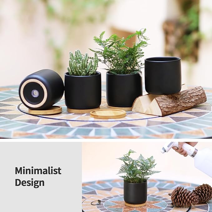 4 Inch Ceramic Plant Pots with Drainage Holes and Trays, Adorable Small Cylinder Flower Planter Pot for Indoor Plants, Succulent, Snake Plants, Cactus & Herbs, Black, Set of 4