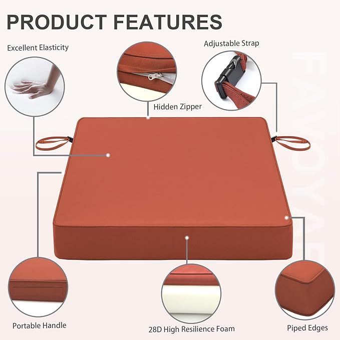 Favoyard Patio Chair Cushions 24 x 24 x 4 Inch Waterproof Outdoor Seat Cushions for Patio Furniture 3-Year Color Fastness Garden Sofa Couch Chair Pads with Handle & Adjustable Straps Set of 2, Spice