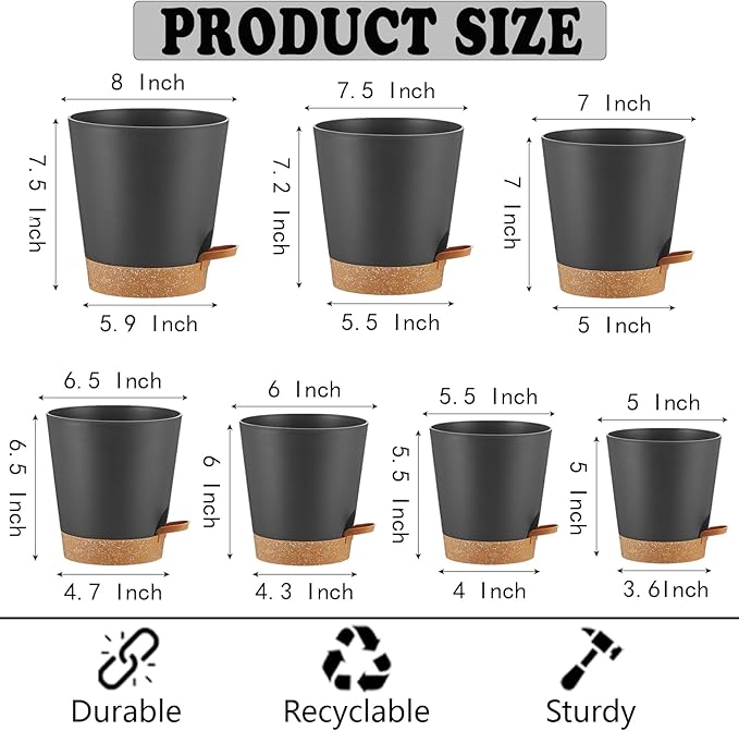 Self Watering Pots 7Pack Planting Pots for All Indoor Plants, Flower Planting Pots with Drainage Hole and Reservoir Black Plastic Succulent Planter Modern Decorations/Gift Idea