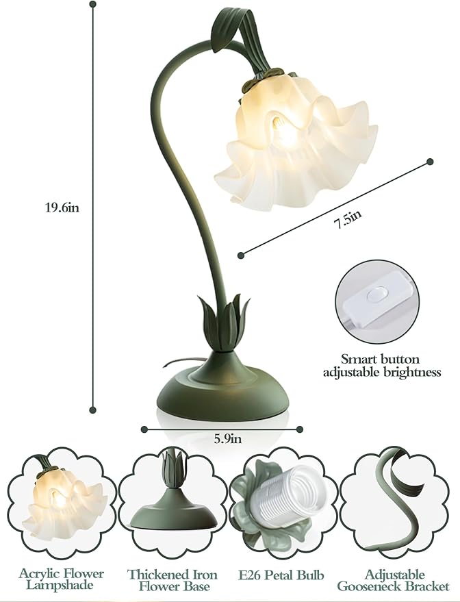 Flower Table Lamp,LED Reading Light Bedside Vintage Flower Night Light,3 Colors Modes Kawaii Bedside Lamps Decor,Living Room Bedroom Room Lighting Table Lamps Home Decoration (Green)