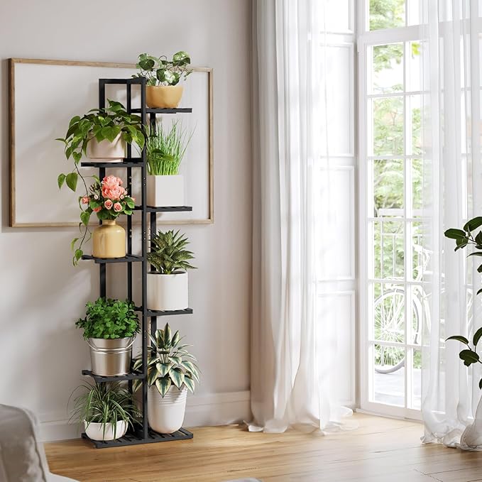 ROSSNY Plant Stand Indoor, 7 Tier 8 Potted Bamboo Plant Stands for Indoor Plants, Corner Plant Stand, Tiered Plant Stands, Plant Shelf For Indoor, 55 Inch Tall Planter Holder for Multiple Plants Indoor, Black