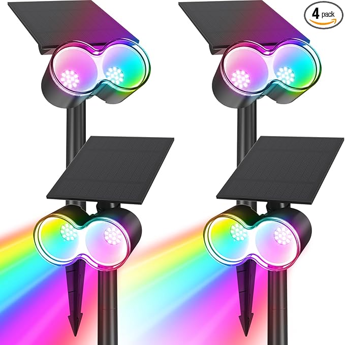 Barrina Solar Spotlights Outdoor Waterproof, 360° Horizontal Adjustable Solar Outdoor Spot Light, 24 LEDs Color Changing, Auto On/Off Solar Lights for Outside Yard Pathway Landscape Lighting, 4 Pack