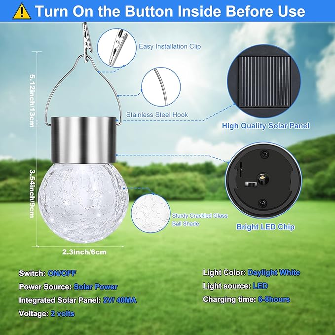 12Pack Outdoor Hanging Solar Lights - Solar Powered Crackle Glass Ball Lights Waterproof Tree Hanging Outdoor Globe Lights with Hook for Garden Balcony Patio Christmas Party Decoration, Daylight White