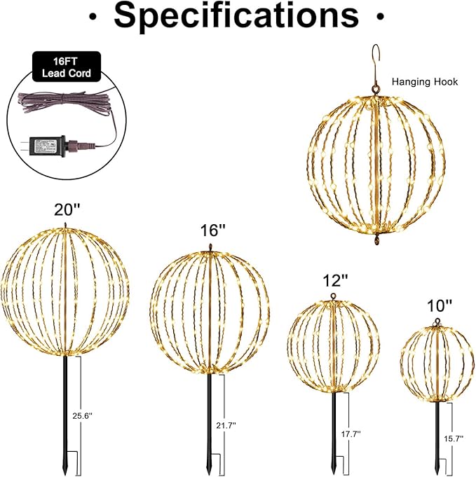 Christmas Ball Light Sphere, 16IN 128LED Hanging Tree Light and Pathway Lights with Hook and Stake, Foldable Metal Frame Light Ball for Outdoor Garden, UL Listed, Brown Frame, Warm White