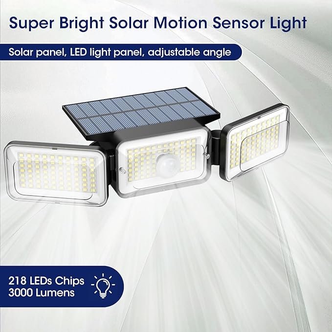 Solar Lights Outdoor Waterproof, Motion Sensor & Flood Outdoor Lights with Remote Control, 4 Adjustable Modes, 3000LM & 218 LED, High-Energy-Density Solar Panel-Monocrystalline Technology, 4 Pack