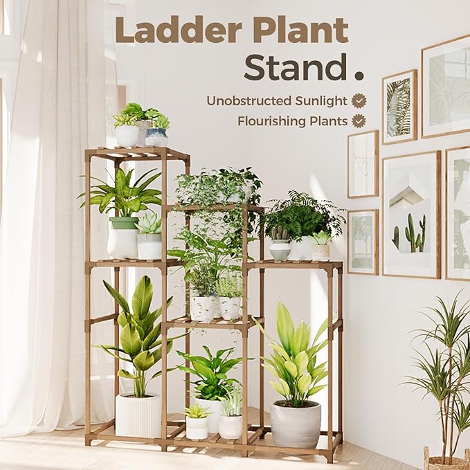 Bamworld Tall Plant Stand Indoor Wood Plant Shelf Outdoor Tiered Plant Rack for Multiple Plants 5 Tiers 7 Pots Ladder Plant Holder Plant Table for Plant Pots Gardening Gifts