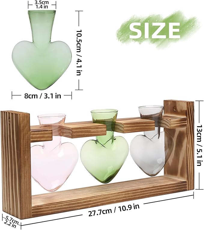 Plant Terrarium Propagation Stations Hydroponics Home Garden Decoration Gift for Women with Wooden Stand Heart Shaped Colored Glass Vase