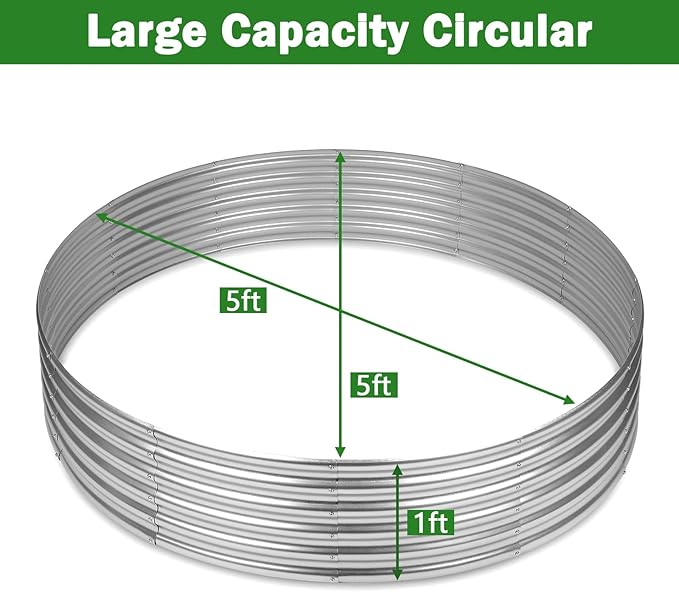 OUSHENG 5x5x1ft Round Galvanized Raised Garden Beds Outdoor, Steel Fire Pit Ring Flower Planter Large Metal Above Ground Boxes Kit for Gardening Vegetables Outside