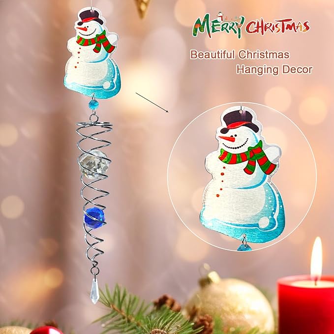 FONMY Snowman Gazing Ball Spiral Decorative Wind Spinner Sun Catcher Rainbow Maker Silver Spiral W/ K9 Crystal Ball Christmas Tree Hanging Ornament Indoor Outdoor Garden Decor. -22 inch H