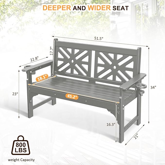 nalone Outdoor Bench with Cup Holders, HDPE All Weather Porch Bench Load up to 800 Lbs, 2-Person Garden Benches Rot-Proof Fade Proof for Patio, Porch, and Park (Grey)