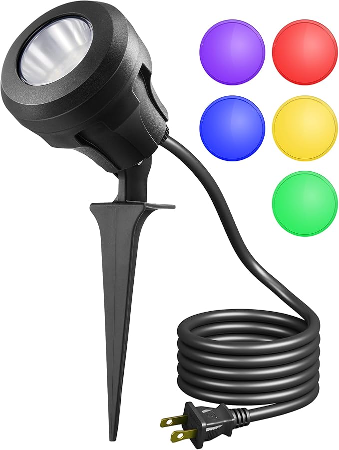 EDISHINE 120V LED Outdoor Spotlight, 5 Extra Lenses (RGB Purple Blue), 4.8W 5000K Plug in Spotlight Outdoor, Waterproof Landscape Light for Yard, Holiday Tree Flag Light, UL Listed