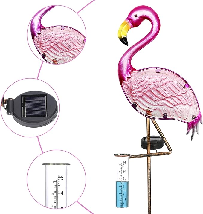 Flamingo Rain Gauge Solar Stake Outdoor, 43’’ Solar Rain Gauge LED Lights with Rainfall Gauge for Garden, Yard, Lawn, Pathway, Patio