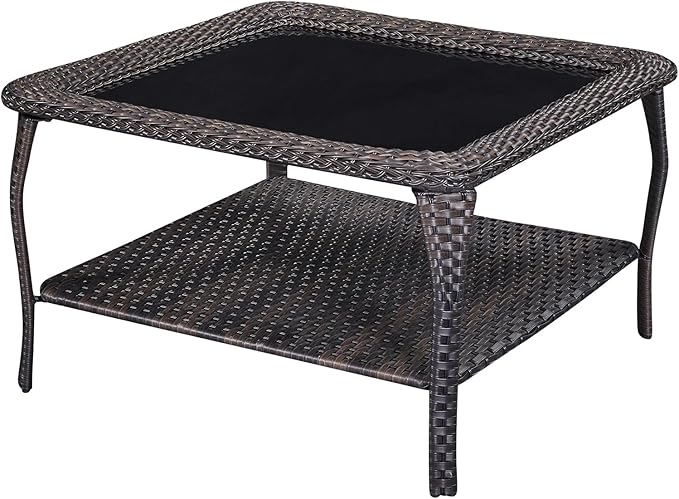 Patio Tables Outdoor Coffee Table - Wicker Rattan Coffee Tables with 2-Tier Storage Shelf Glass Top for Proch Deck Balcony Garden Squre Brown